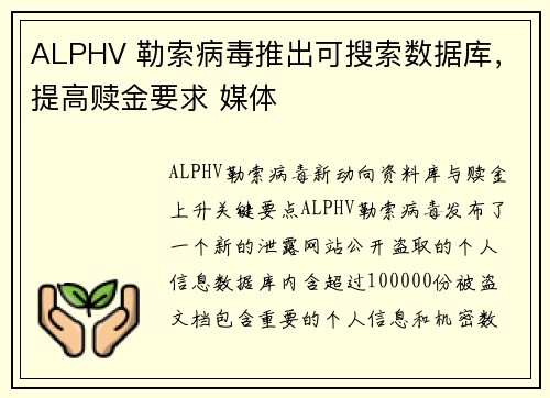ALPHV 勒索病毒推出可搜索数据库，提高赎金要求 媒体