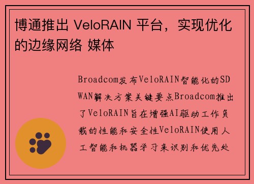 博通推出 VeloRAIN 平台，实现优化的边缘网络 媒体